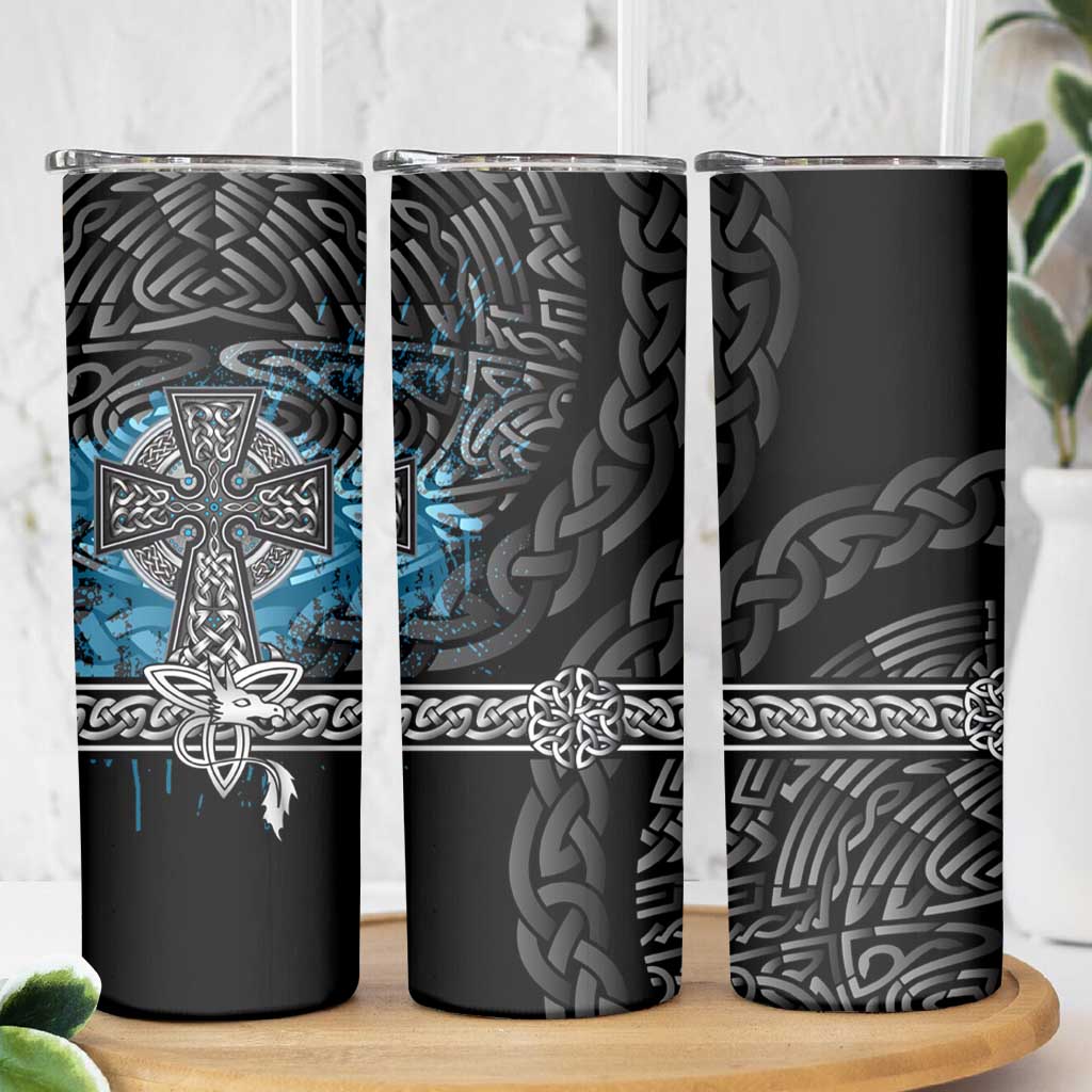 Thor Hammer Viking Skinny Tumbler with Celtic Knots and Blue Splatter Norse Heritage Tribute - Wonder Print Shop