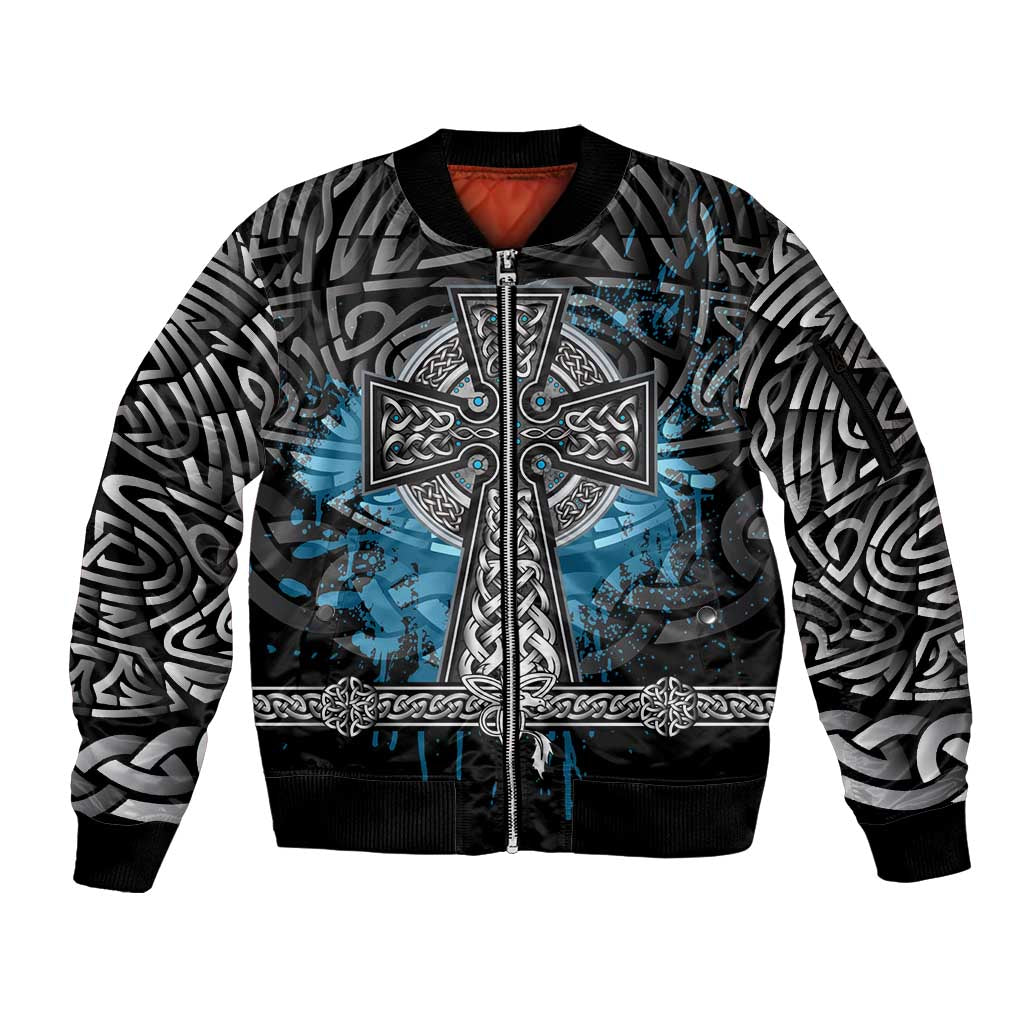 Thor Hammer Viking Sleeve Zip Bomber Jacket with Celtic Knots and Blue Splatter Norse Heritage Tribute - Wonder Print Shop