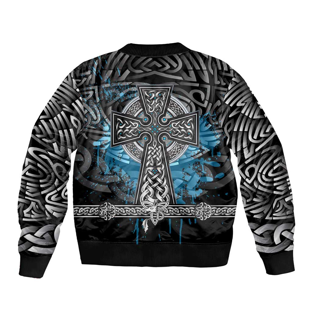 Thor Hammer Viking Sleeve Zip Bomber Jacket with Celtic Knots and Blue Splatter Norse Heritage Tribute - Wonder Print Shop