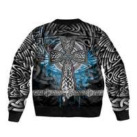 Thor Hammer Viking Sleeve Zip Bomber Jacket with Celtic Knots and Blue Splatter Norse Heritage Tribute - Wonder Print Shop