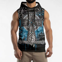 Thor Hammer Viking Sleeveless Hoodie with Celtic Knots and Blue Splatter Norse Heritage Tribute - Wonder Print Shop