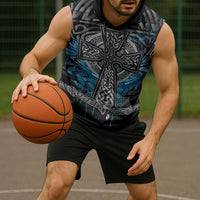 Thor Hammer Viking Sleeveless Hoodie with Celtic Knots and Blue Splatter Norse Heritage Tribute - Wonder Print Shop
