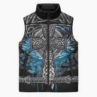 Thor Hammer Viking Sleeveless Puffer Jacket with Celtic Knots and Blue Splatter Norse Heritage Tribute - Wonder Print Shop