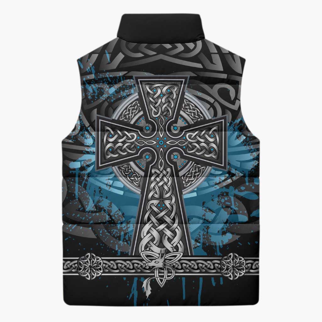 Thor Hammer Viking Sleeveless Puffer Jacket with Celtic Knots and Blue Splatter Norse Heritage Tribute - Wonder Print Shop