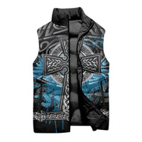 Thor Hammer Viking Sleeveless Puffer Jacket with Celtic Knots and Blue Splatter Norse Heritage Tribute - Wonder Print Shop