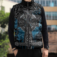 Thor Hammer Viking Sleeveless Puffer Jacket with Celtic Knots and Blue Splatter Norse Heritage Tribute - Wonder Print Shop