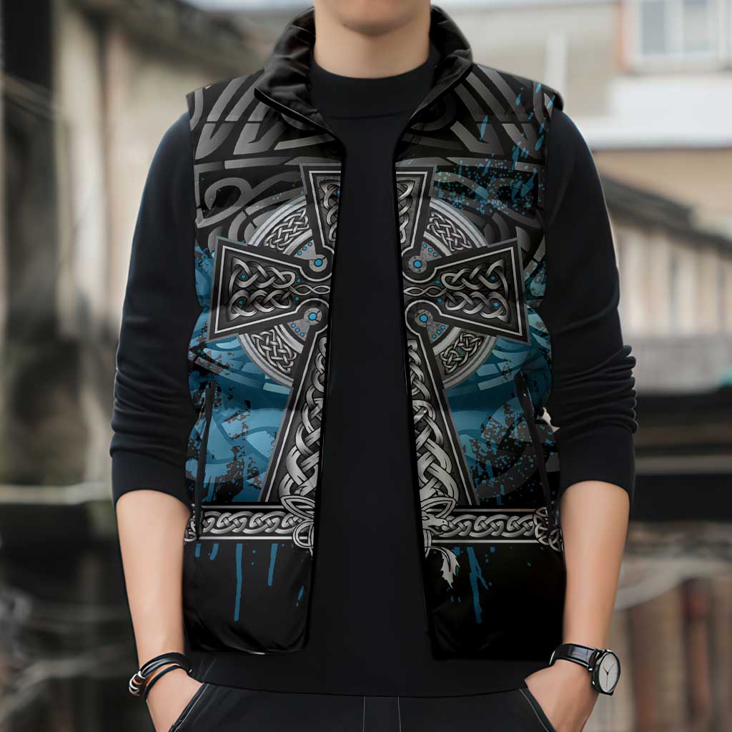 Thor Hammer Viking Sleeveless Puffer Jacket with Celtic Knots and Blue Splatter Norse Heritage Tribute - Wonder Print Shop