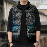 Thor Hammer Viking Sleeveless Puffer Jacket with Celtic Knots and Blue Splatter Norse Heritage Tribute - Wonder Print Shop