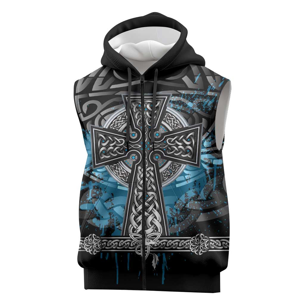 Thor Hammer Viking Sleeveless Zip Hoodie with Celtic Knots and Blue Splatter Norse Heritage Tribute - Wonder Print Shop