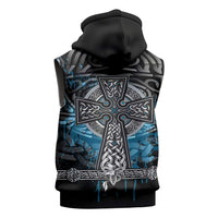 Thor Hammer Viking Sleeveless Zip Hoodie with Celtic Knots and Blue Splatter Norse Heritage Tribute - Wonder Print Shop