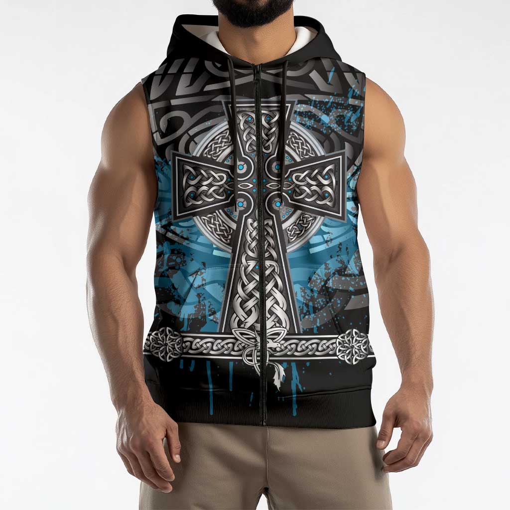 Thor Hammer Viking Sleeveless Zip Hoodie with Celtic Knots and Blue Splatter Norse Heritage Tribute - Wonder Print Shop