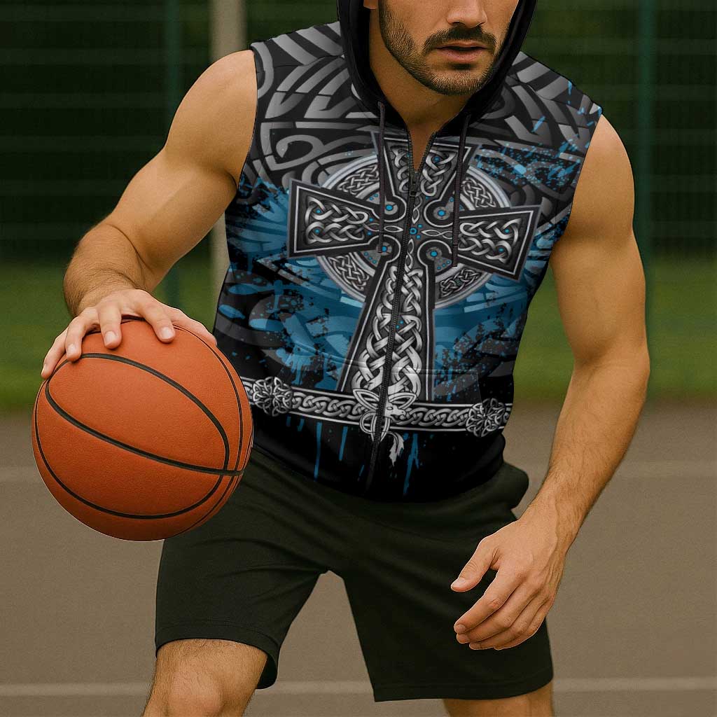 Thor Hammer Viking Sleeveless Zip Hoodie with Celtic Knots and Blue Splatter Norse Heritage Tribute - Wonder Print Shop