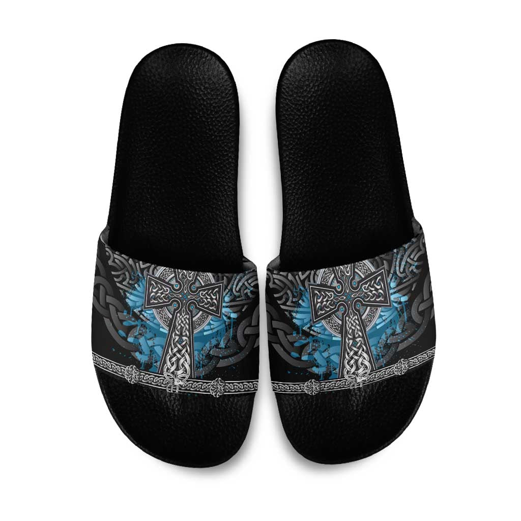 Thor Hammer Viking Slide Sandals with Celtic Knots and Blue Splatter Norse Heritage Tribute - Wonder Print Shop