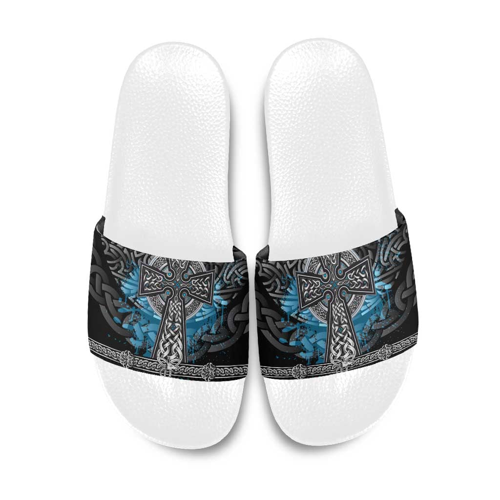 Thor Hammer Viking Slide Sandals with Celtic Knots and Blue Splatter Norse Heritage Tribute - Wonder Print Shop