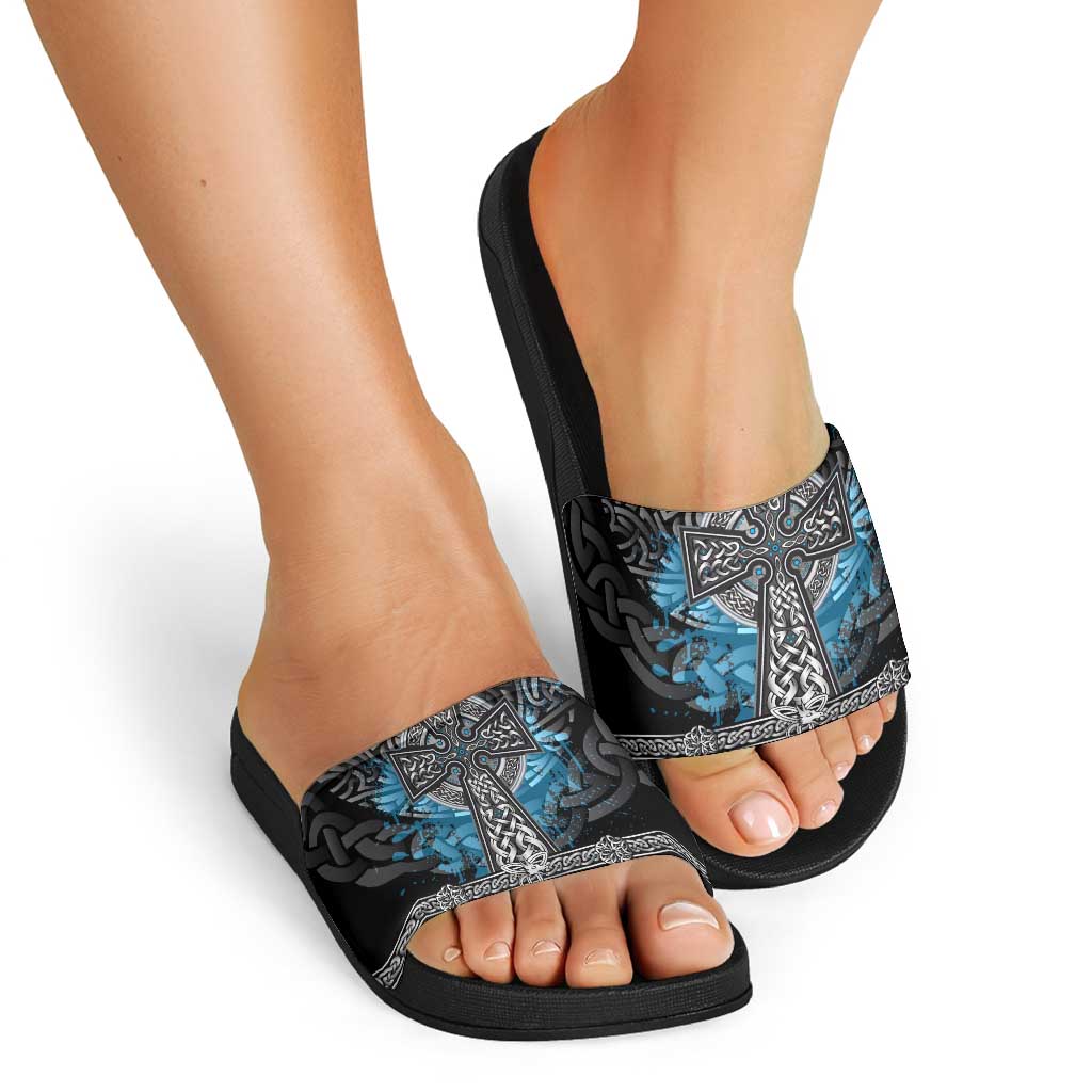 Thor Hammer Viking Slide Sandals with Celtic Knots and Blue Splatter Norse Heritage Tribute - Wonder Print Shop