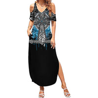Thor Hammer Viking Summer Maxi Dress with Celtic Knots and Blue Splatter Norse Heritage Tribute - Wonder Print Shop