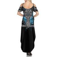 Thor Hammer Viking Summer Maxi Dress with Celtic Knots and Blue Splatter Norse Heritage Tribute - Wonder Print Shop
