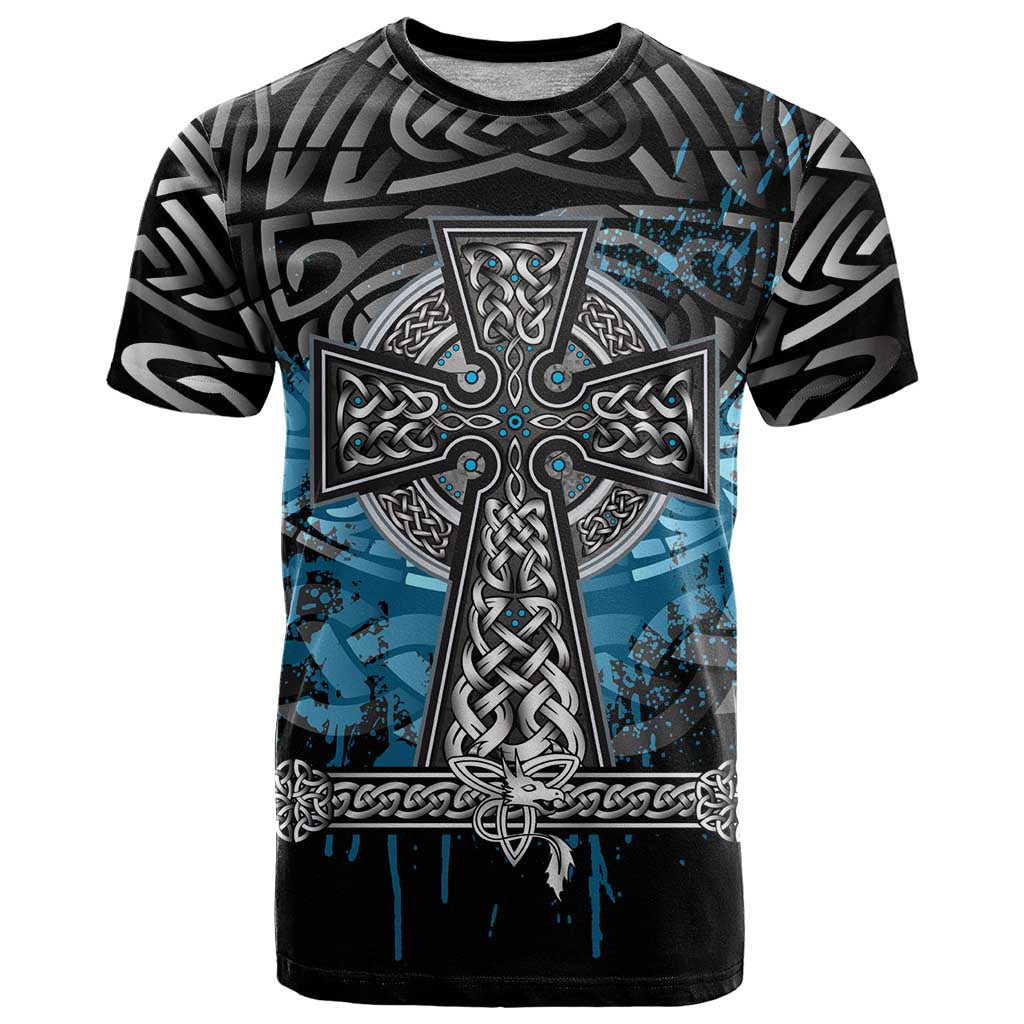 Thor Hammer Viking T Shirt with Celtic Knots and Blue Splatter Norse Heritage Tribute - Wonder Print Shop
