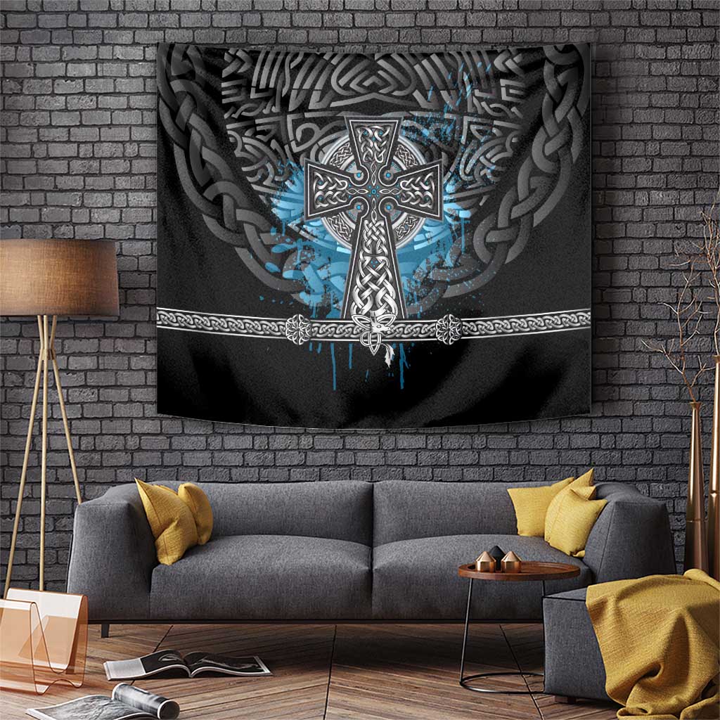 Thor Hammer Viking Tapestry with Celtic Knots and Blue Splatter Norse Heritage Tribute - Wonder Print Shop