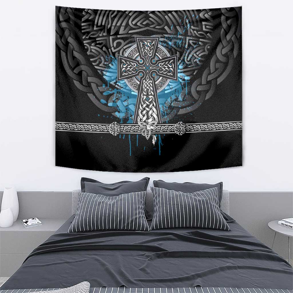 Thor Hammer Viking Tapestry with Celtic Knots and Blue Splatter Norse Heritage Tribute - Wonder Print Shop