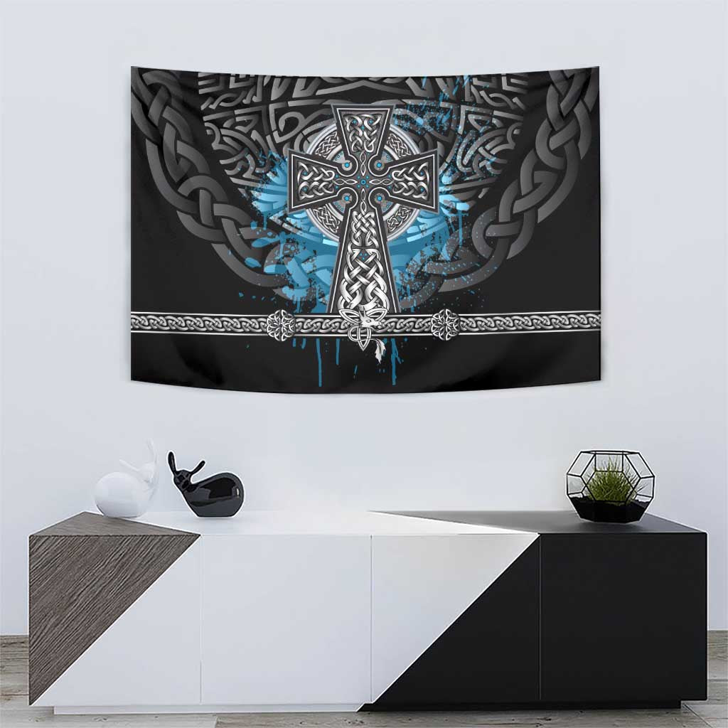 Thor Hammer Viking Tapestry with Celtic Knots and Blue Splatter Norse Heritage Tribute - Wonder Print Shop
