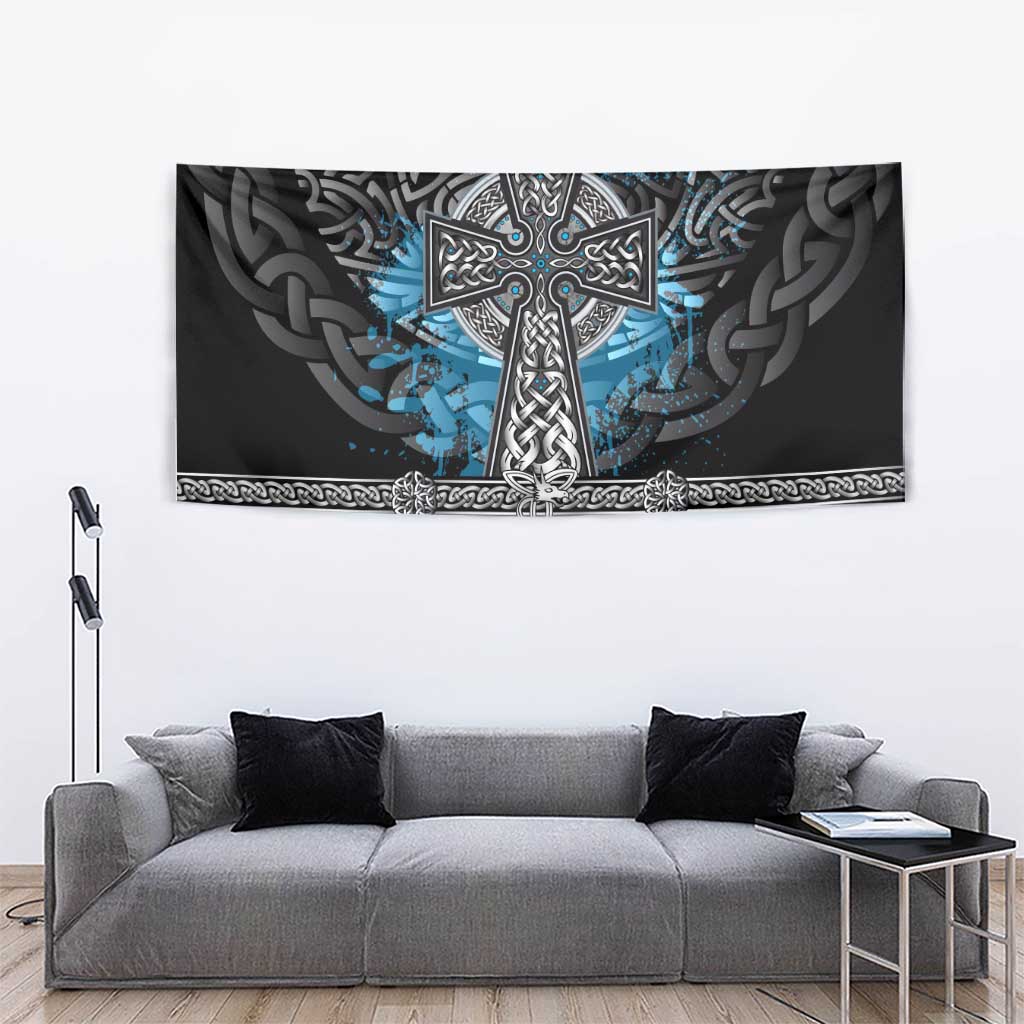 Thor Hammer Viking Tapestry with Celtic Knots and Blue Splatter Norse Heritage Tribute - Wonder Print Shop