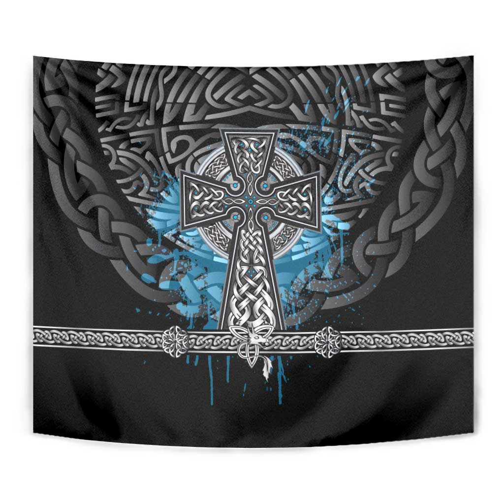 Thor Hammer Viking Tapestry with Celtic Knots and Blue Splatter Norse Heritage Tribute - Wonder Print Shop