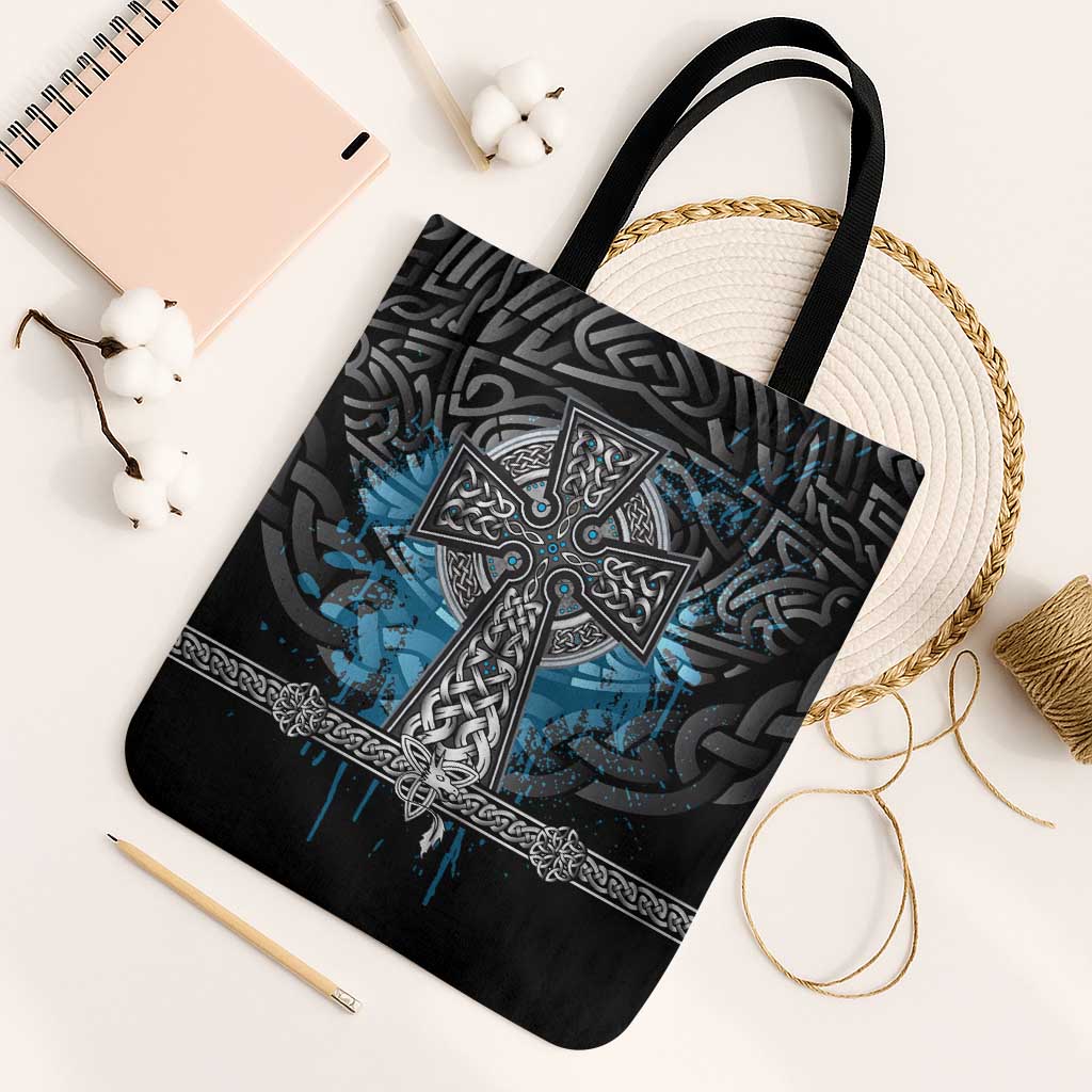 Thor Hammer Viking Tote Bag with Celtic Knots and Blue Splatter Norse Heritage Tribute - Wonder Print Shop