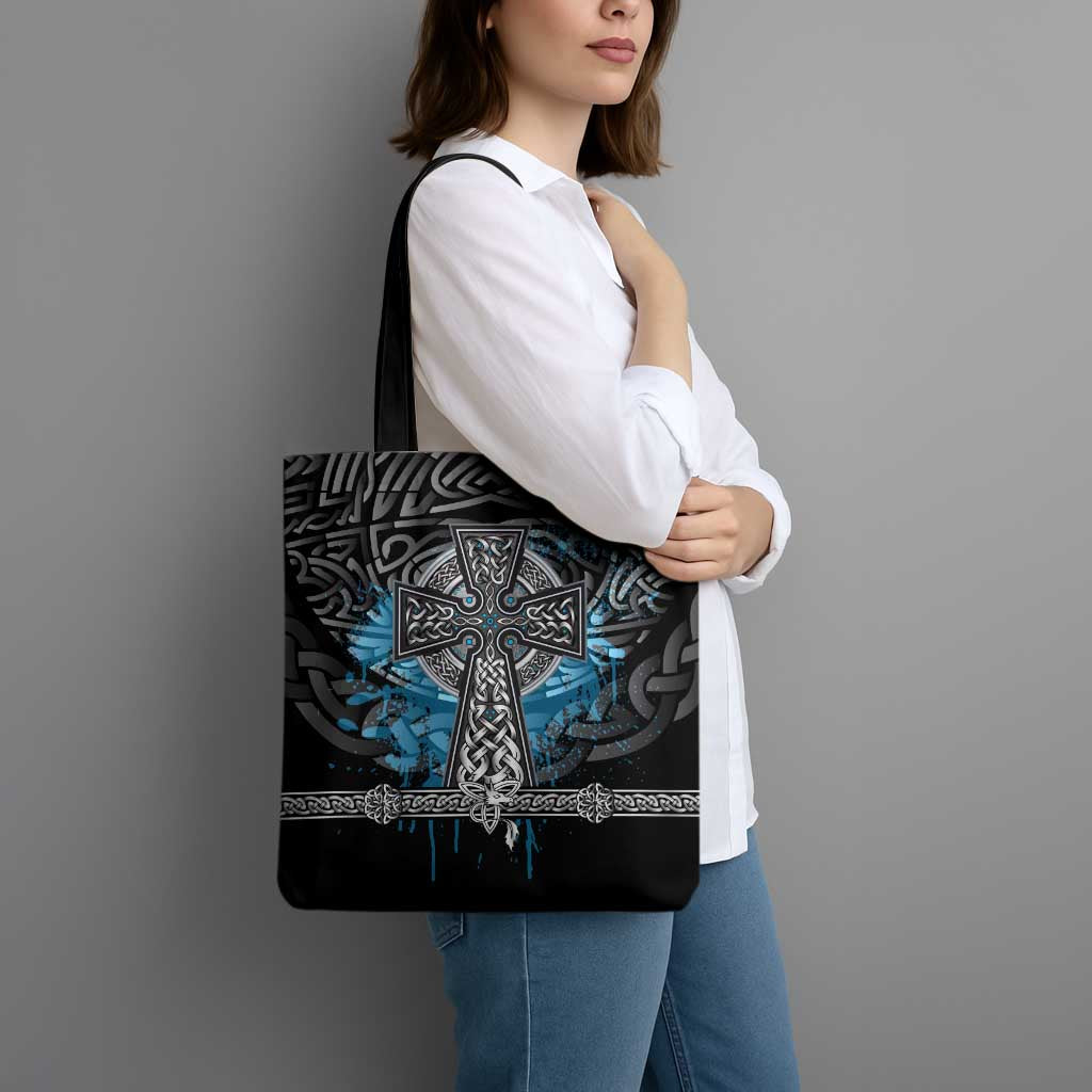 Thor Hammer Viking Tote Bag with Celtic Knots and Blue Splatter Norse Heritage Tribute - Wonder Print Shop