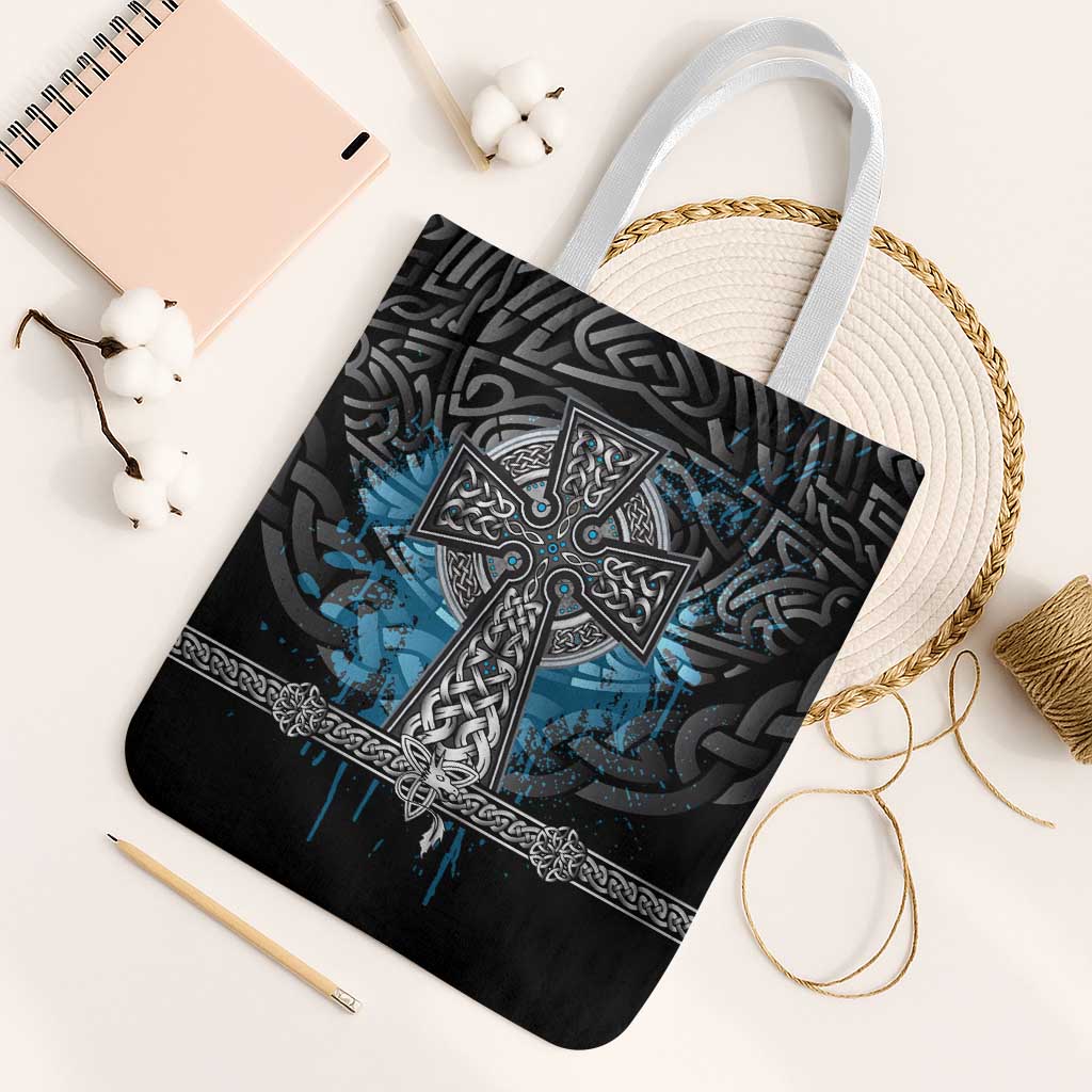 Thor Hammer Viking Tote Bag with Celtic Knots and Blue Splatter Norse Heritage Tribute - Wonder Print Shop