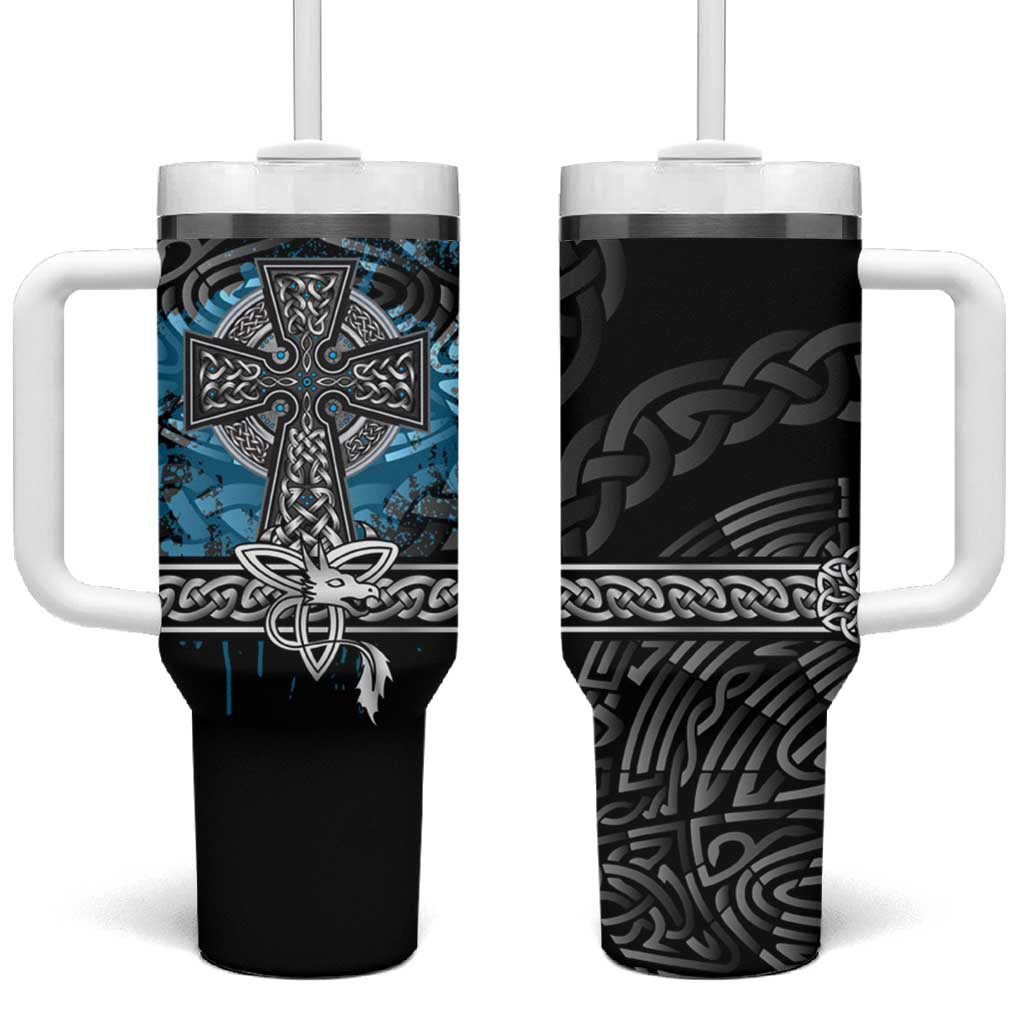 Thor Hammer Viking Tumbler With Handle with Celtic Knots and Blue Splatter Norse Heritage Tribute - Wonder Print Shop