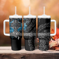 Thor Hammer Viking Tumbler With Handle with Celtic Knots and Blue Splatter Norse Heritage Tribute - Wonder Print Shop