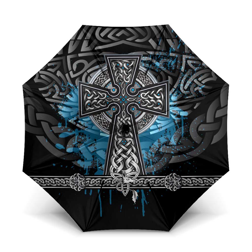 Thor Hammer Viking Umbrella with Celtic Knots and Blue Splatter Norse Heritage Tribute - Wonder Print Shop
