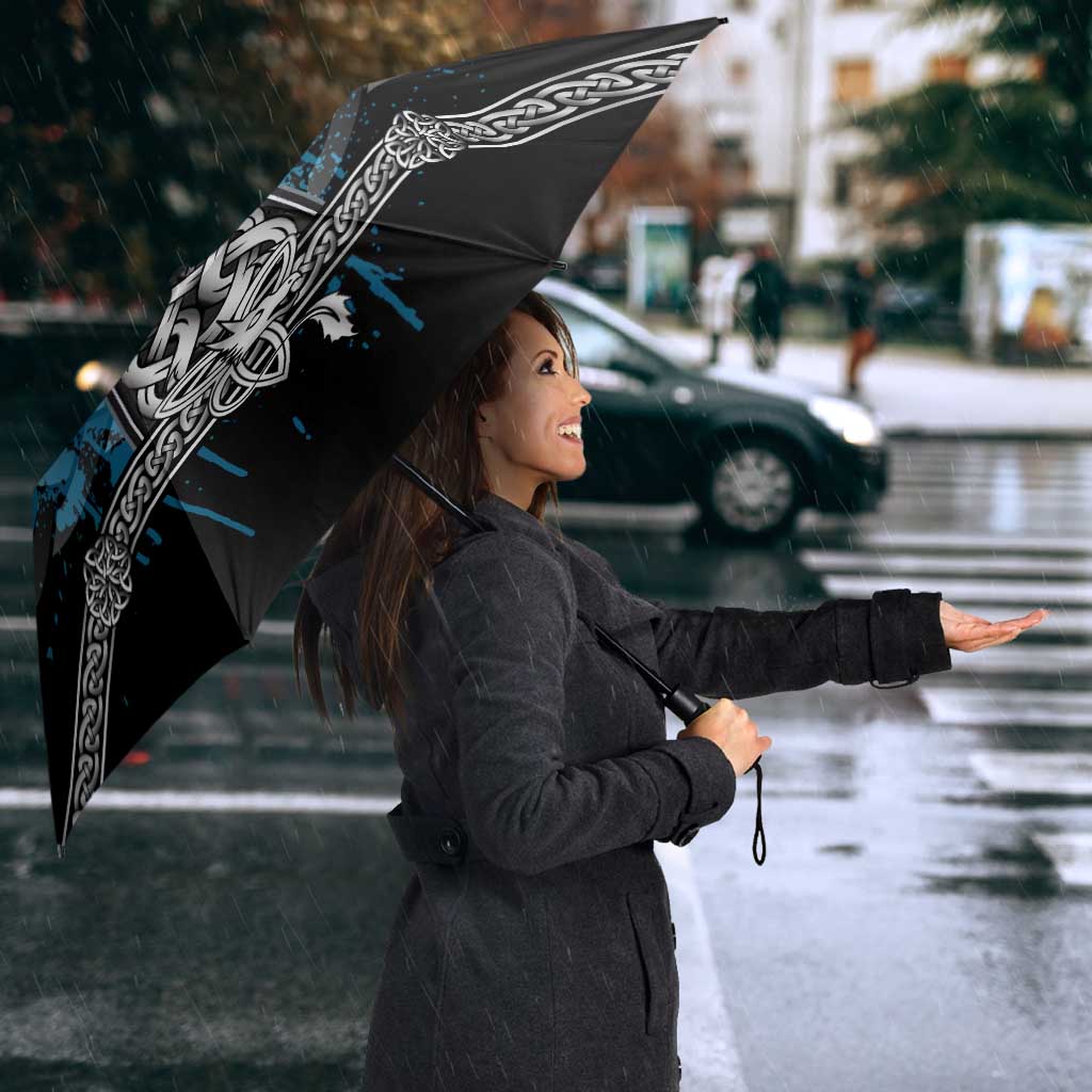 Thor Hammer Viking Umbrella with Celtic Knots and Blue Splatter Norse Heritage Tribute - Wonder Print Shop