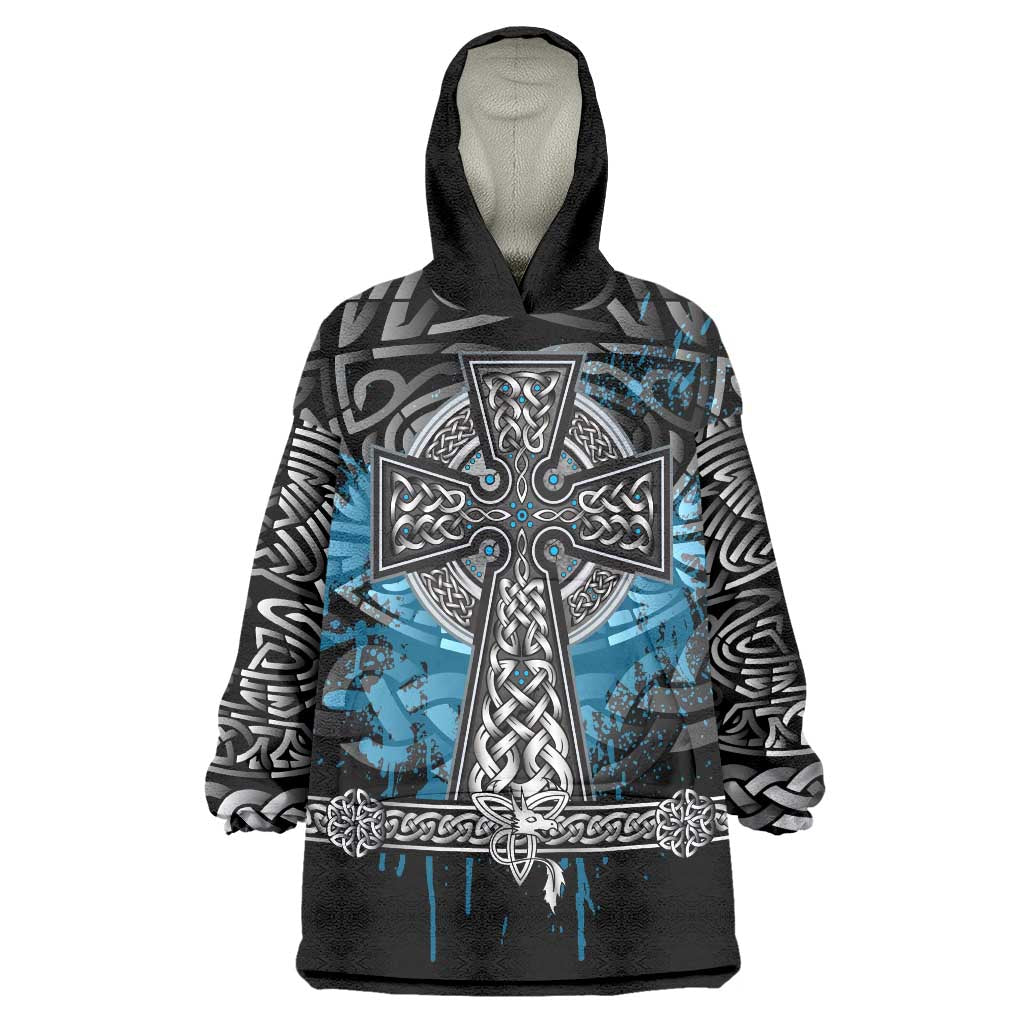 Thor Hammer Viking Wearable Blanket Hoodie with Celtic Knots and Blue Splatter Norse Heritage Tribute - Wonder Print Shop