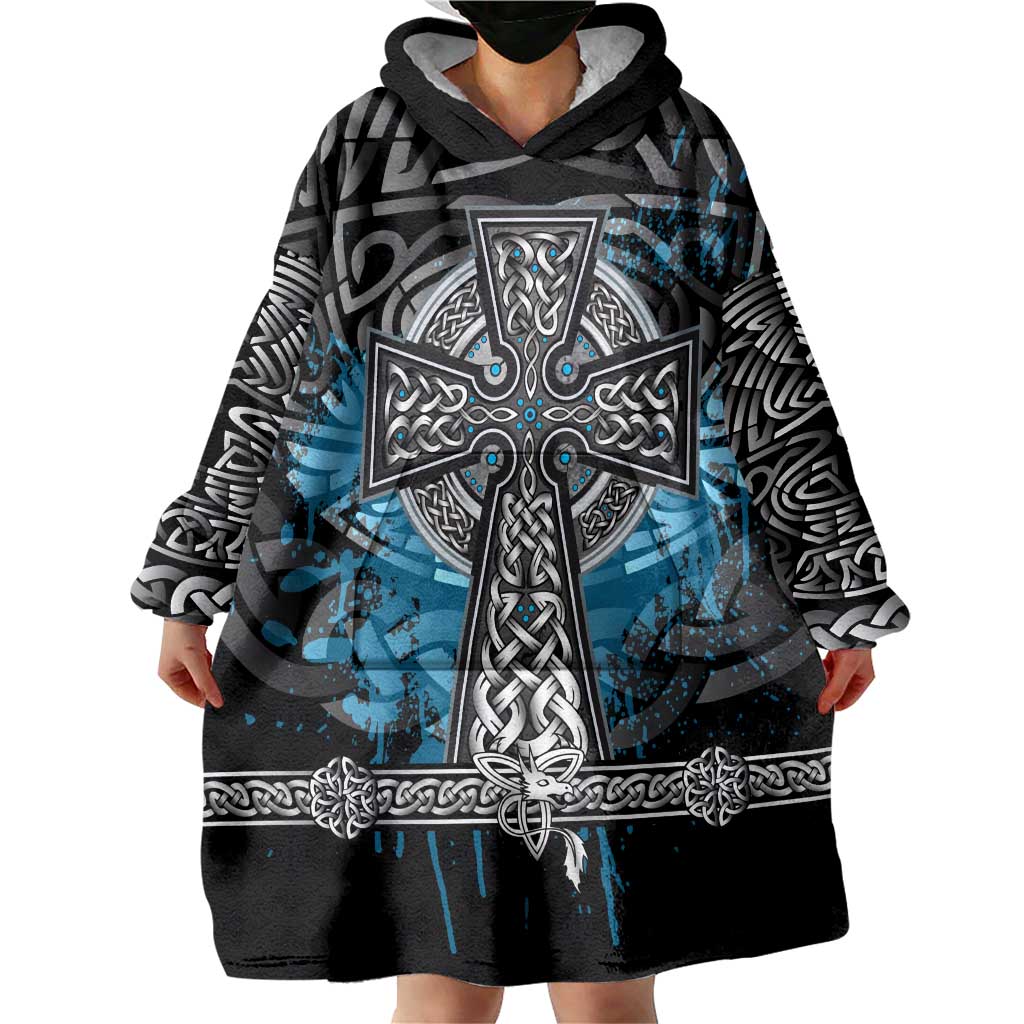 Thor Hammer Viking Wearable Blanket Hoodie with Celtic Knots and Blue Splatter Norse Heritage Tribute - Wonder Print Shop