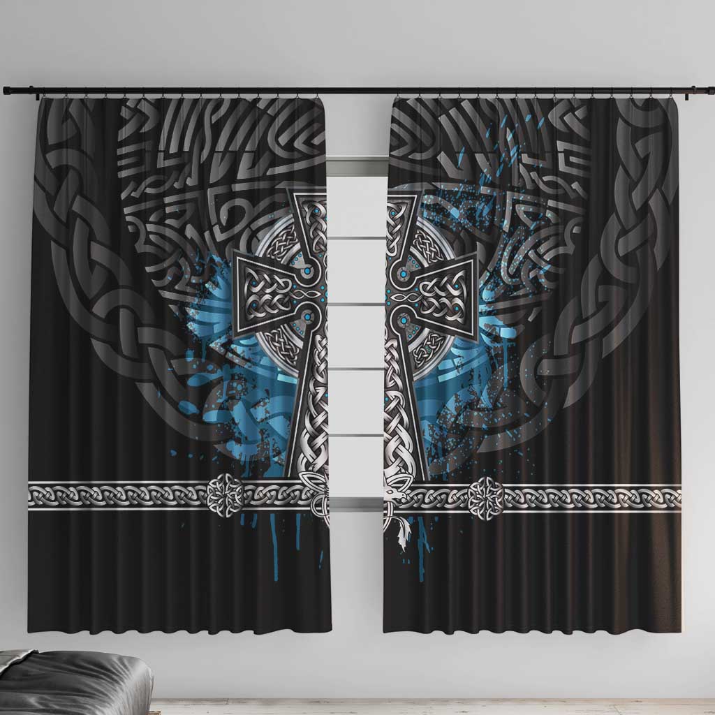 Thor Hammer Viking Window Curtain with Celtic Knots and Blue Splatter Norse Heritage Tribute - Wonder Print Shop