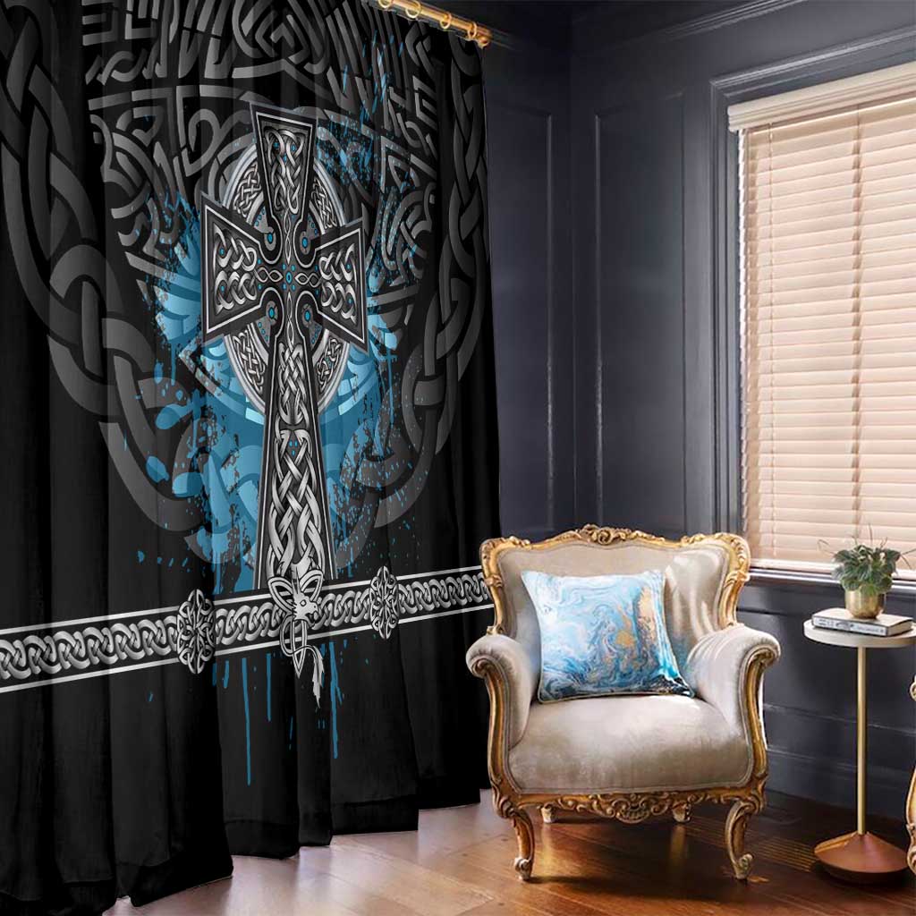 Thor Hammer Viking Window Curtain with Celtic Knots and Blue Splatter Norse Heritage Tribute - Wonder Print Shop
