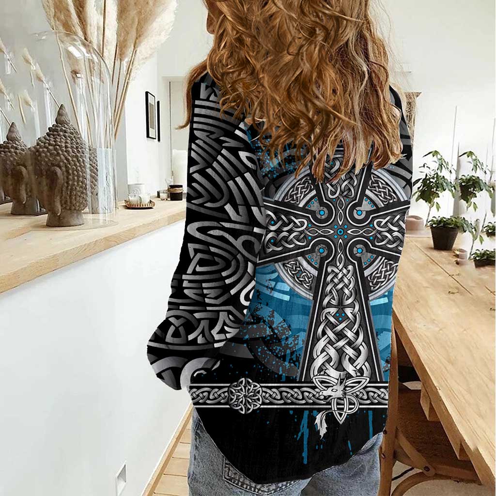 Thor Hammer Viking Women Casual Shirt with Celtic Knots and Blue Splatter Norse Heritage Tribute - Wonder Print Shop