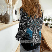 Thor Hammer Viking Women Casual Shirt with Celtic Knots and Blue Splatter Norse Heritage Tribute - Wonder Print Shop