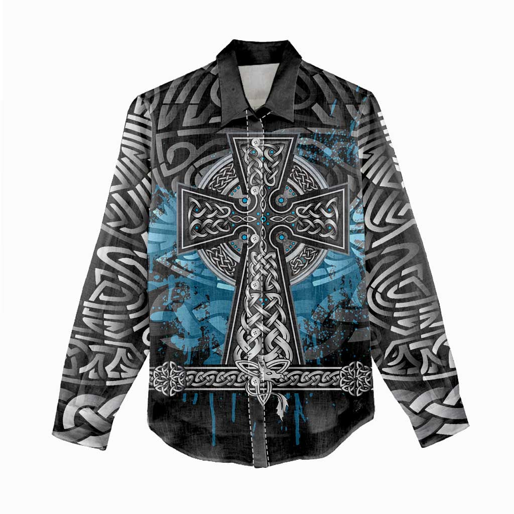 Thor Hammer Viking Women Casual Shirt with Celtic Knots and Blue Splatter Norse Heritage Tribute - Wonder Print Shop