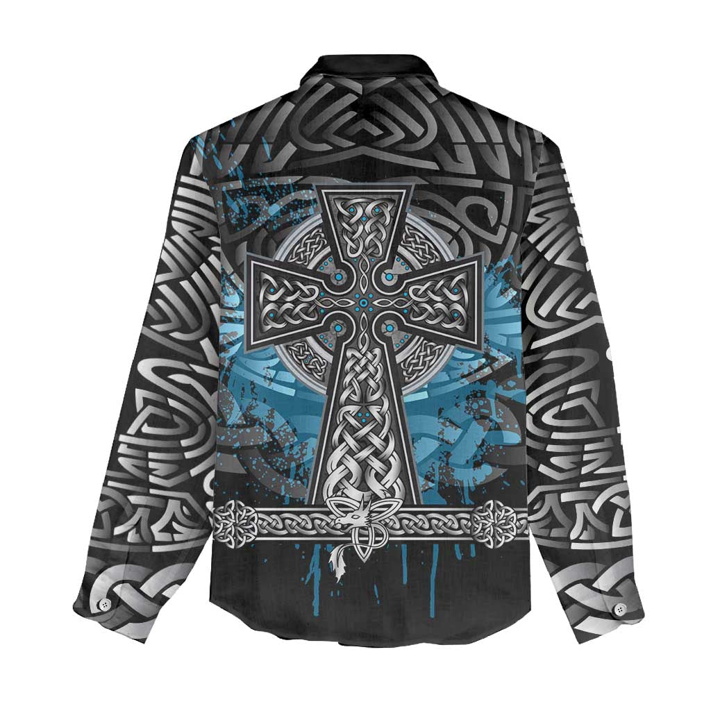 Thor Hammer Viking Women Casual Shirt with Celtic Knots and Blue Splatter Norse Heritage Tribute - Wonder Print Shop