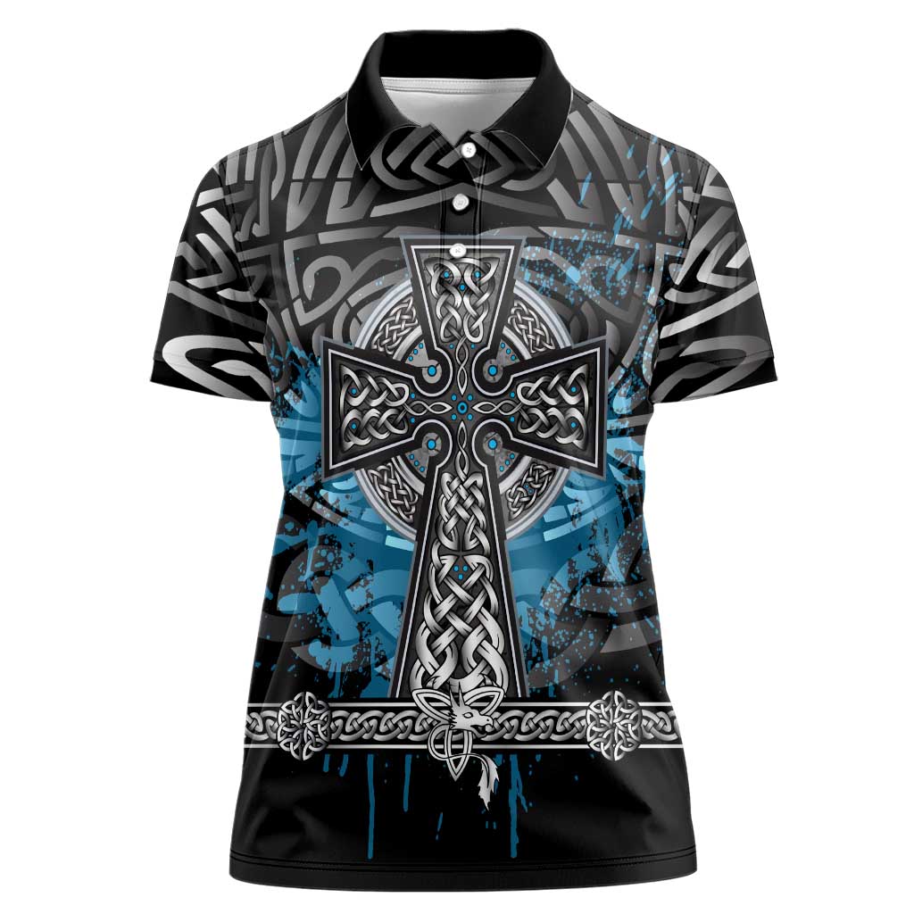 Thor Hammer Viking Women Polo Shirt with Celtic Knots and Blue Splatter Norse Heritage Tribute - Wonder Print Shop