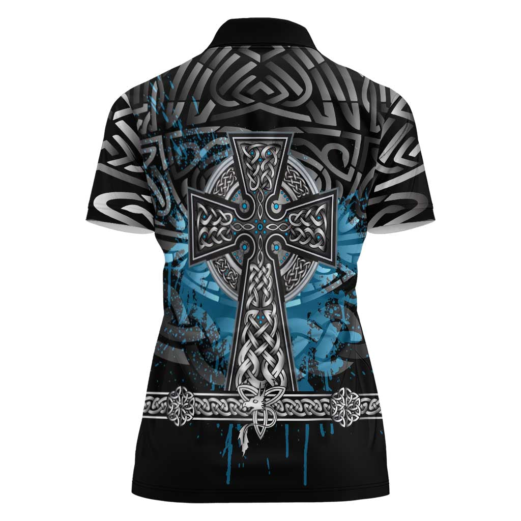 Thor Hammer Viking Women Polo Shirt with Celtic Knots and Blue Splatter Norse Heritage Tribute - Wonder Print Shop