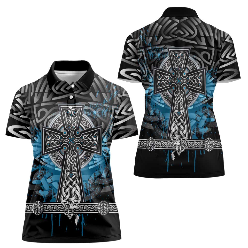 Thor Hammer Viking Women Polo Shirt with Celtic Knots and Blue Splatter Norse Heritage Tribute - Wonder Print Shop