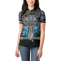 Thor Hammer Viking Women Polo Shirt with Celtic Knots and Blue Splatter Norse Heritage Tribute - Wonder Print Shop
