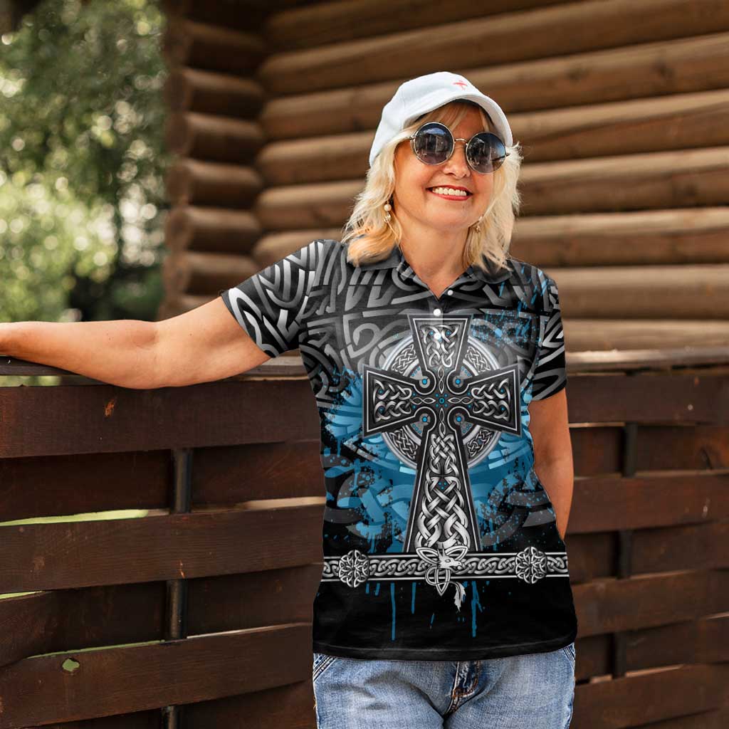 Thor Hammer Viking Women Polo Shirt with Celtic Knots and Blue Splatter Norse Heritage Tribute - Wonder Print Shop