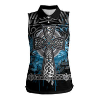 Thor Hammer Viking Women Sleeveless Polo Shirt with Celtic Knots and Blue Splatter Norse Heritage Tribute - Wonder Print Shop