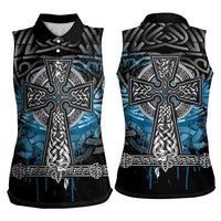 Thor Hammer Viking Women Sleeveless Polo Shirt with Celtic Knots and Blue Splatter Norse Heritage Tribute - Wonder Print Shop
