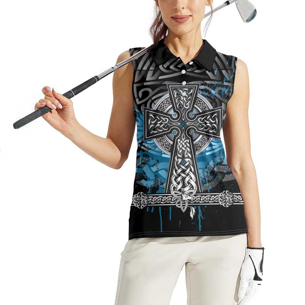 Thor Hammer Viking Women Sleeveless Polo Shirt with Celtic Knots and Blue Splatter Norse Heritage Tribute - Wonder Print Shop